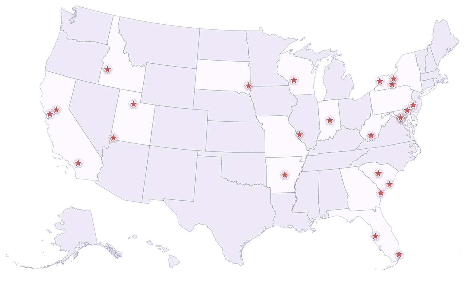Map of the United States showing Patriot Art Foundation program locations marked with stars